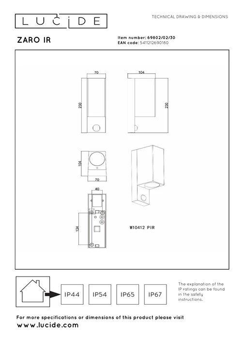 Lucide ZARO IR - Wandspot / Wandlamp Binnen/Buiten - 2xGU10 - IP65 - Beweging & dag/nacht sensor (uitschakelbaar) - Zwart - technisch